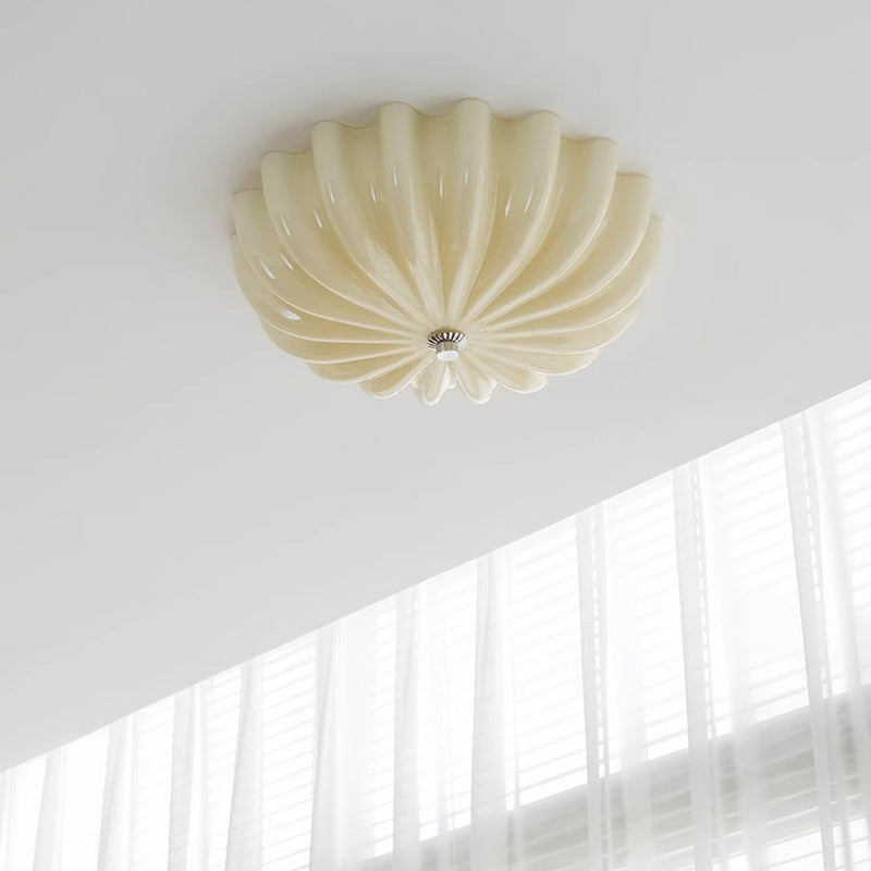 Modern Minimalist Cream Wave Pattern Round Glass Hardware LED Flush Mount Ceiling Light For Bedroom