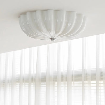 Modern Minimalist Cream Wave Pattern Round Glass Hardware LED Flush Mount Ceiling Light For Bedroom