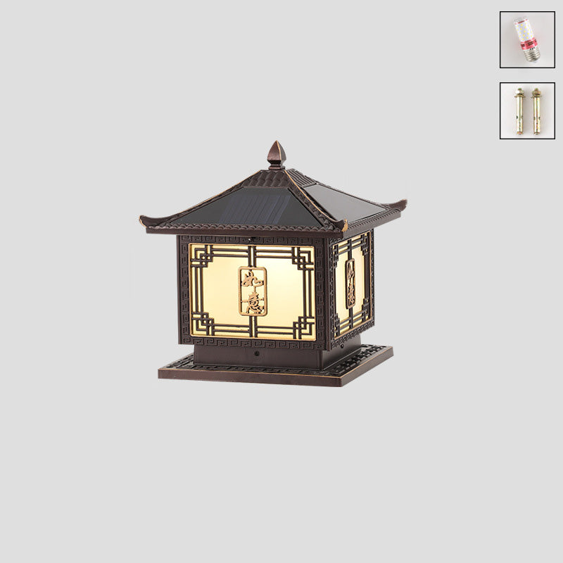 Traditional Chinese Square Patio Ruyi Solar Waterproof Glass Aluminum LED Outdoor Light For Garden