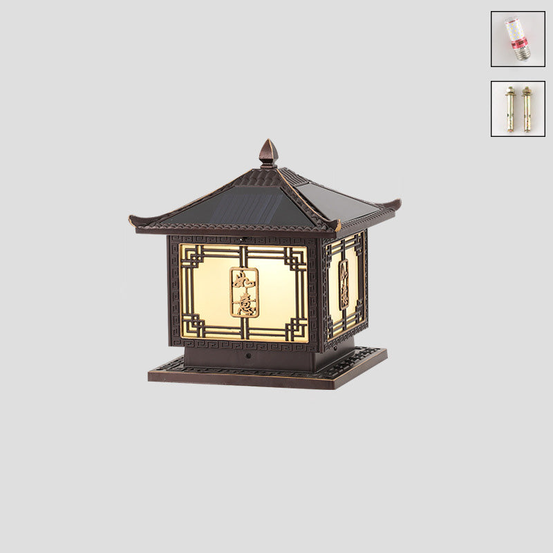 Traditional Chinese Square Patio Ruyi Solar Waterproof Glass Aluminum LED Outdoor Light For Garden