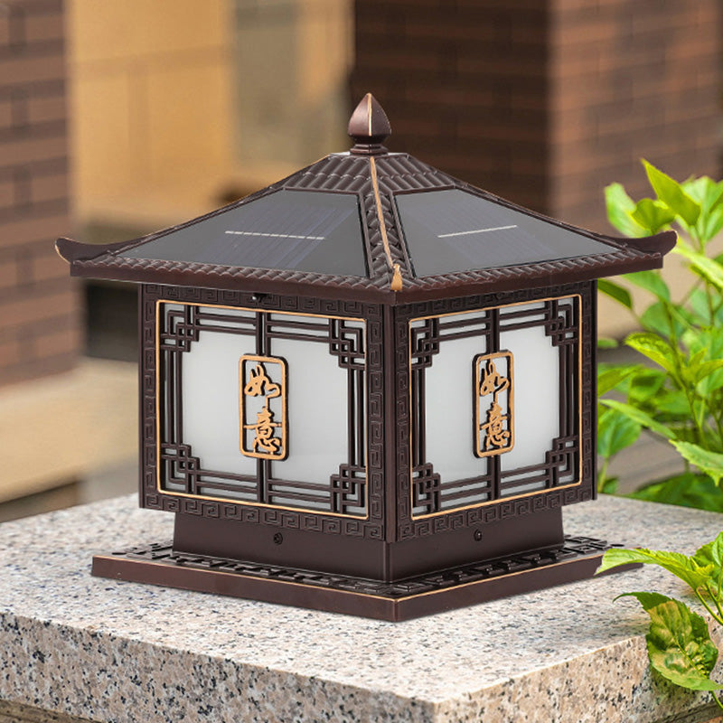 Traditional Chinese Square Patio Ruyi Solar Waterproof Glass Aluminum LED Outdoor Light For Garden