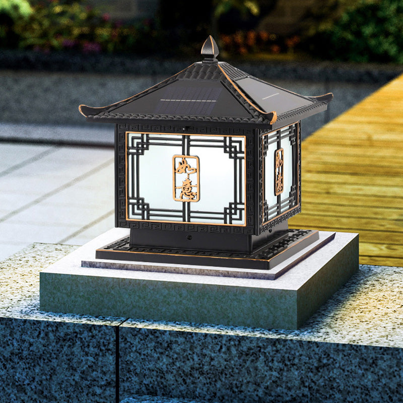 Traditional Chinese Square Patio Ruyi Solar Waterproof Glass Aluminum LED Outdoor Light For Garden