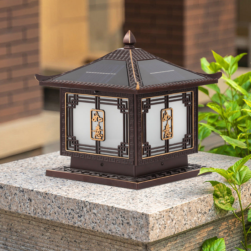 Traditional Chinese Square Patio Ruyi Solar Waterproof Glass Aluminum LED Outdoor Light For Garden