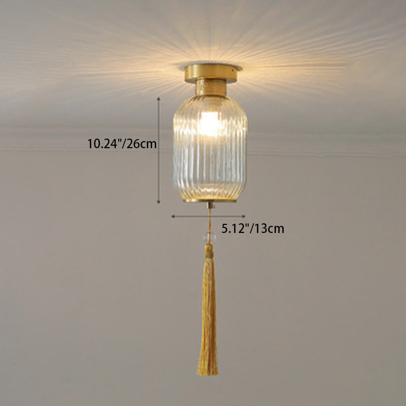 Traditional Chinese Lantern Round Glass Copper 1-Light Semi-Flush Mount Ceiling Light For Living Room