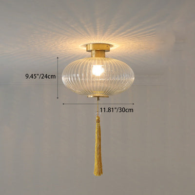 Traditional Chinese Round Lantern Glass Copper 1-Light Semi-Flush Mount Ceiling Light For Bedroom