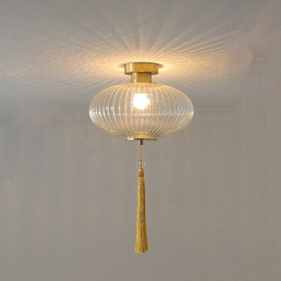 Traditional Chinese Round Lantern Glass Copper 1-Light Semi-Flush Mount Ceiling Light For Bedroom