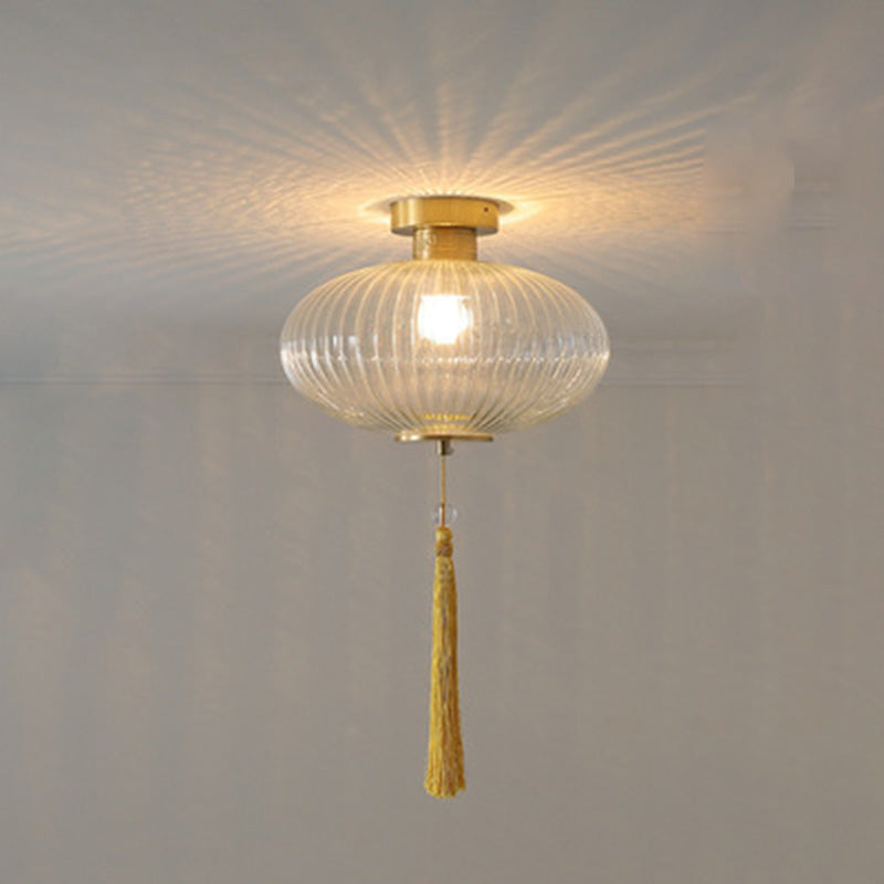 Traditional Chinese Round Lantern Glass Copper 1-Light Semi-Flush Mount Ceiling Light For Bedroom