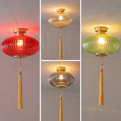 Traditional Chinese Round Lantern Glass Copper 1-Light Pendant Light For Living Room