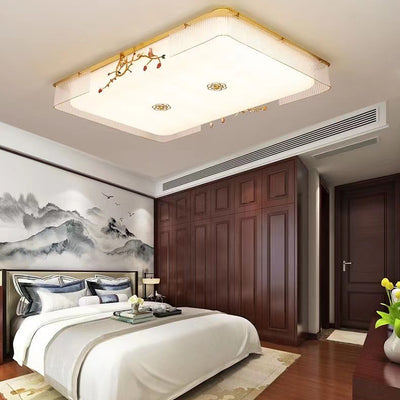 Traditional Chinese Flower Twig Round Acrylic Iron LED Flush Mount Ceiling Light For Bedroom