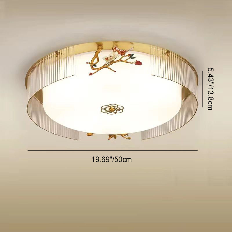 Traditional Chinese Flower Twig Round Acrylic Iron LED Flush Mount Ceiling Light For Bedroom