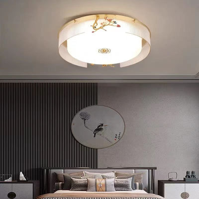 Traditional Chinese Flower Twig Round Acrylic Iron LED Flush Mount Ceiling Light For Bedroom