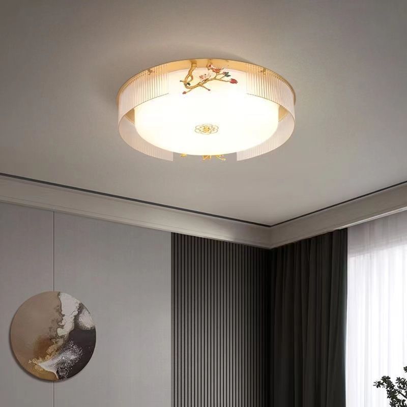 Traditional Chinese Flower Twig Round Acrylic Iron LED Flush Mount Ceiling Light For Bedroom