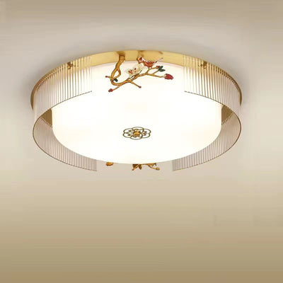 Traditional Chinese Flower Twig Round Acrylic Iron LED Flush Mount Ceiling Light For Bedroom