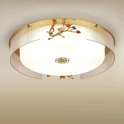 Traditional Chinese Flower Twig Round Acrylic Iron LED Flush Mount Ceiling Light For Bedroom