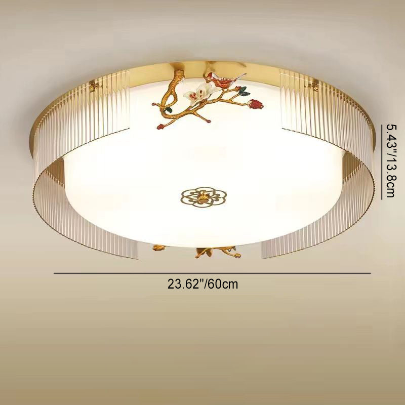 Traditional Chinese Flower Twig Round Acrylic Iron LED Flush Mount Ceiling Light For Bedroom