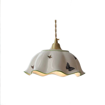 Traditional Japanese Skirt Butterfly Ceramic Copper 1-Light Pendant Light For Living Room