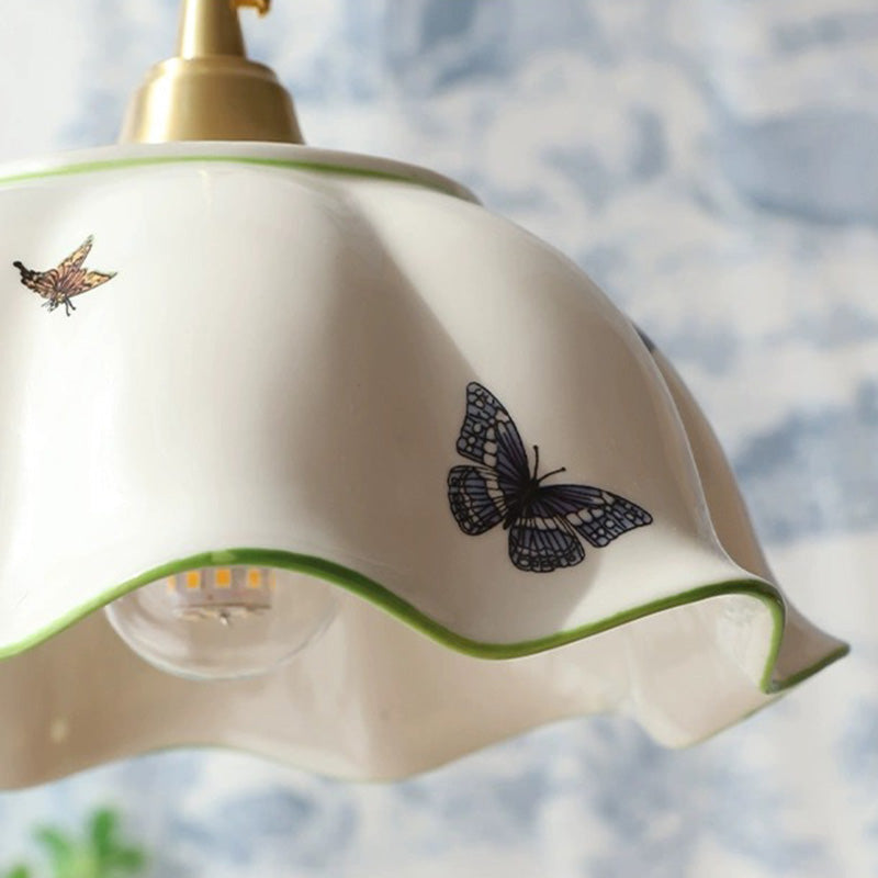 Traditional Japanese Skirt Butterfly Ceramic Copper 1-Light Pendant Light For Living Room