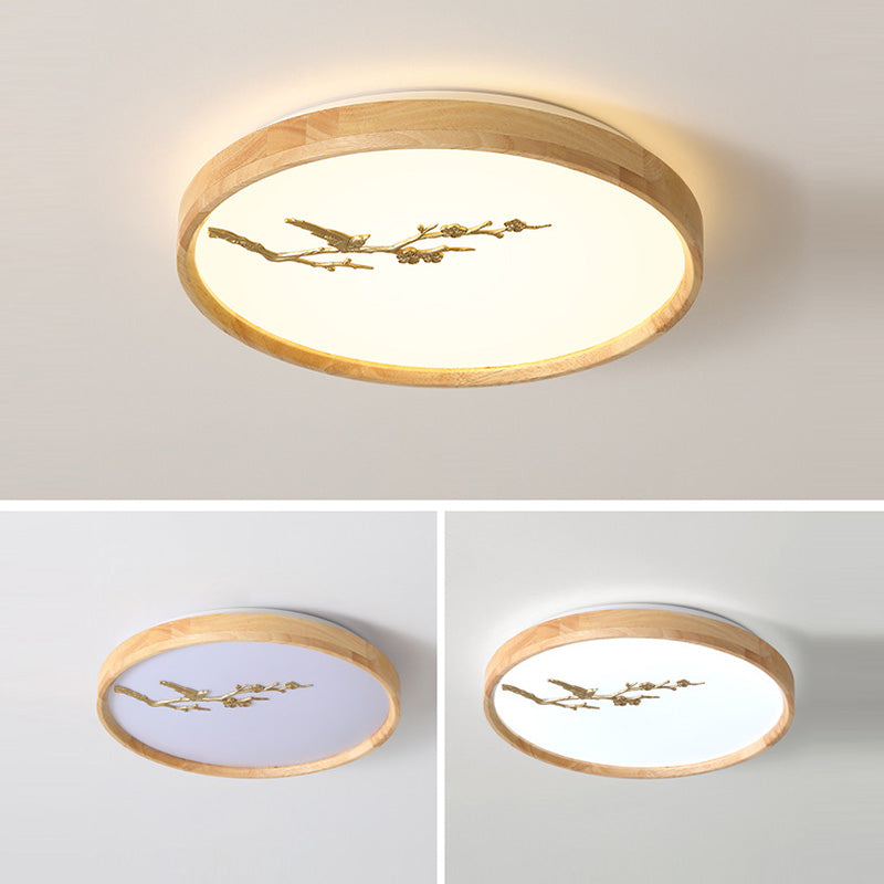 Traditional Japanese Round Twig Birdie PC Wood LED Flush Mount Ceiling Light For Bedroom