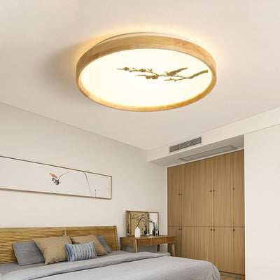 Traditional Japanese Round Twig Birdie PC Wood LED Flush Mount Ceiling Light For Bedroom