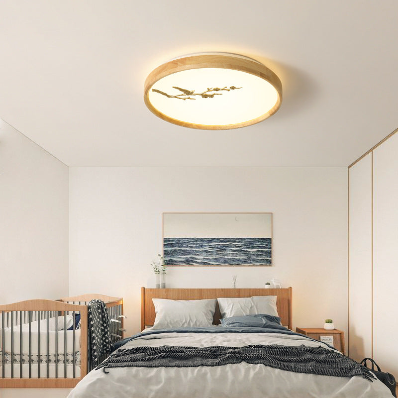 Traditional Japanese Round Twig Birdie PC Wood LED Flush Mount Ceiling Light For Bedroom