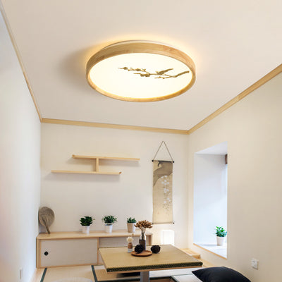 Traditional Japanese Round Twig Birdie PC Wood LED Flush Mount Ceiling Light For Bedroom