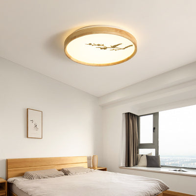 Traditional Japanese Round Twig Birdie PC Wood LED Flush Mount Ceiling Light For Bedroom