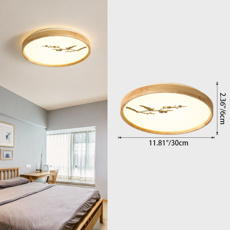 Traditional Japanese Round Twig Birdie PC Wood LED Flush Mount Ceiling Light For Bedroom