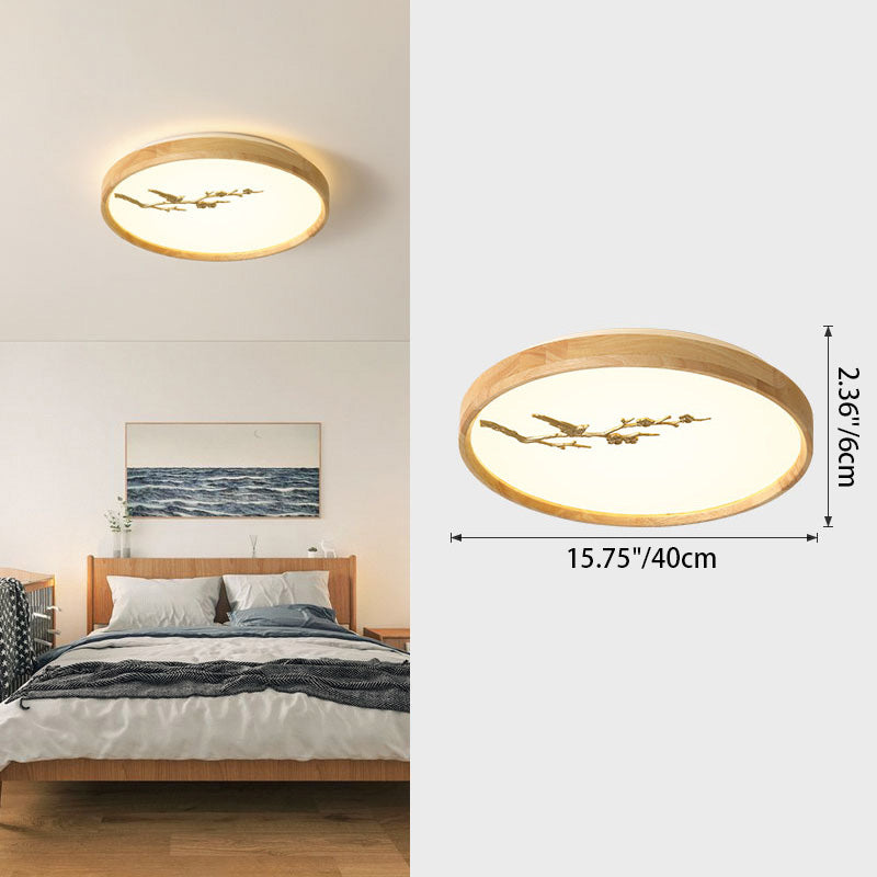 Traditional Japanese Round Twig Birdie PC Wood LED Flush Mount Ceiling Light For Bedroom