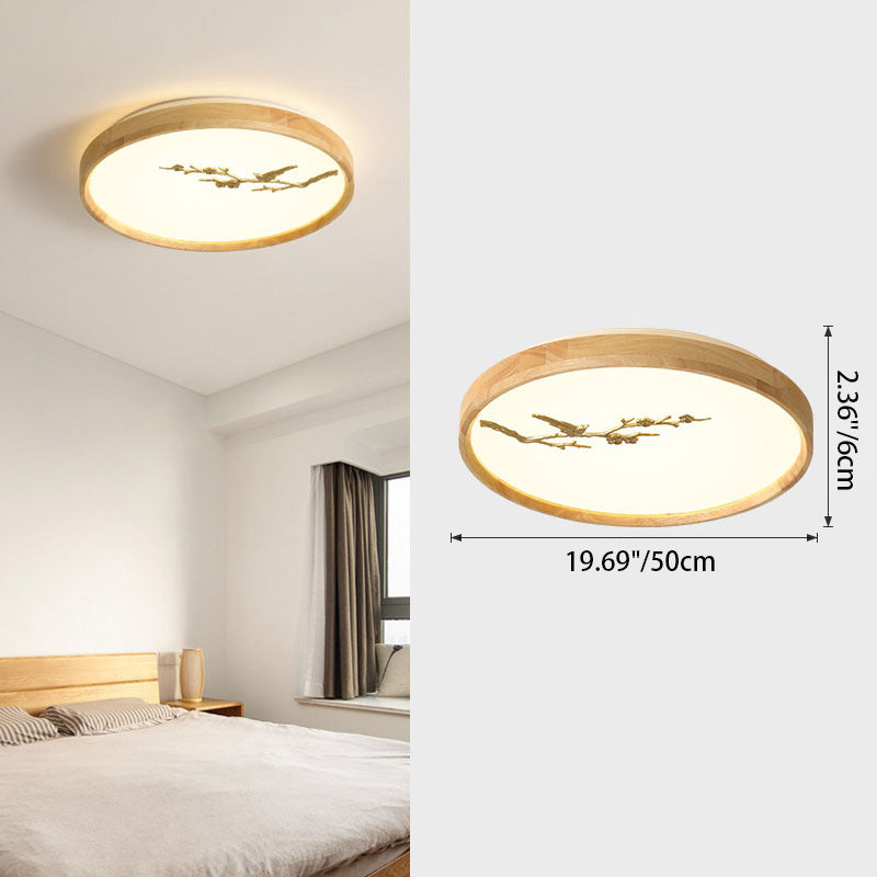 Traditional Japanese Round Twig Birdie PC Wood LED Flush Mount Ceiling Light For Bedroom