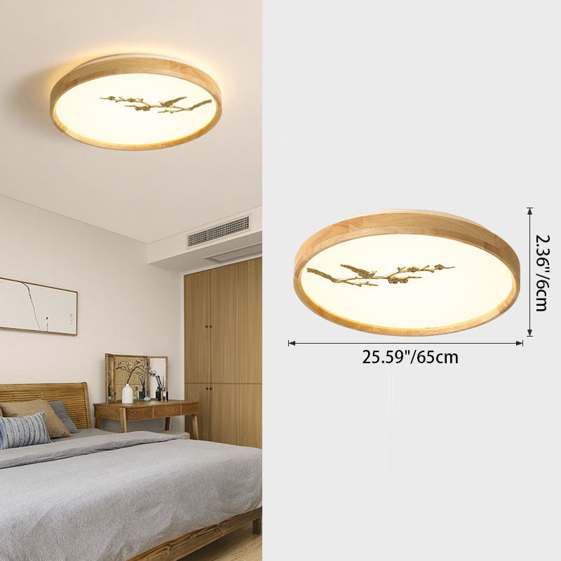 Traditional Japanese Round Twig Birdie PC Wood LED Flush Mount Ceiling Light For Bedroom