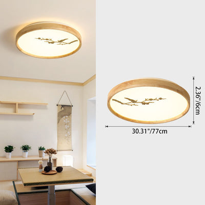 Traditional Japanese Round Twig Birdie PC Wood LED Flush Mount Ceiling Light For Bedroom