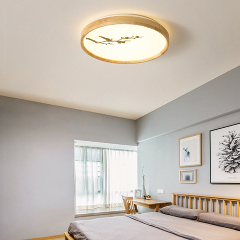 Traditional Japanese Round Twig Birdie PC Wood LED Flush Mount Ceiling Light For Bedroom