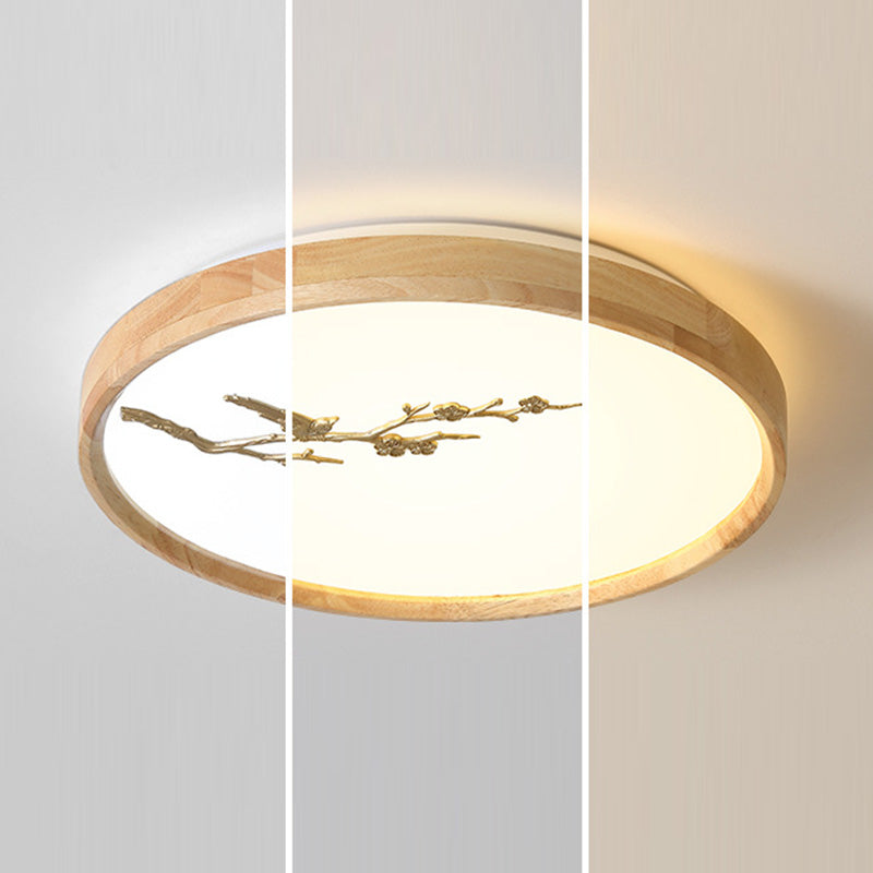 Traditional Japanese Round Twig Birdie PC Wood LED Flush Mount Ceiling Light For Bedroom