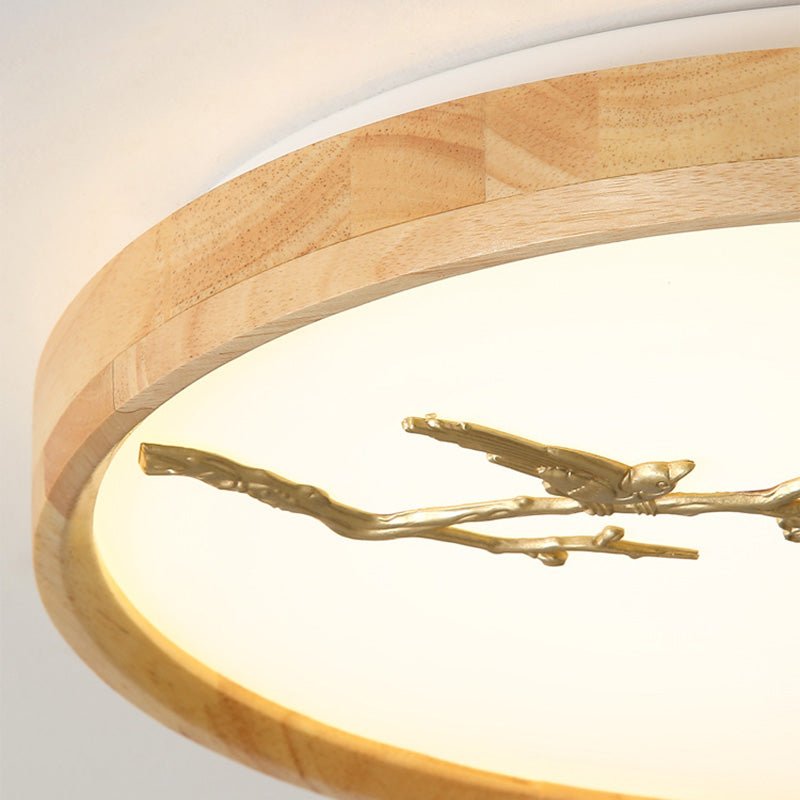 Traditional Japanese Round Twig Birdie PC Wood LED Flush Mount Ceiling Light For Bedroom