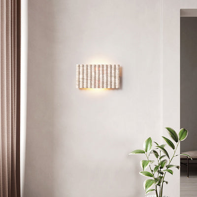 Traditional Japanese Rectangular Grille Wall Yellow Travertine 2-Light Wall Sconce Lamp For Living Room