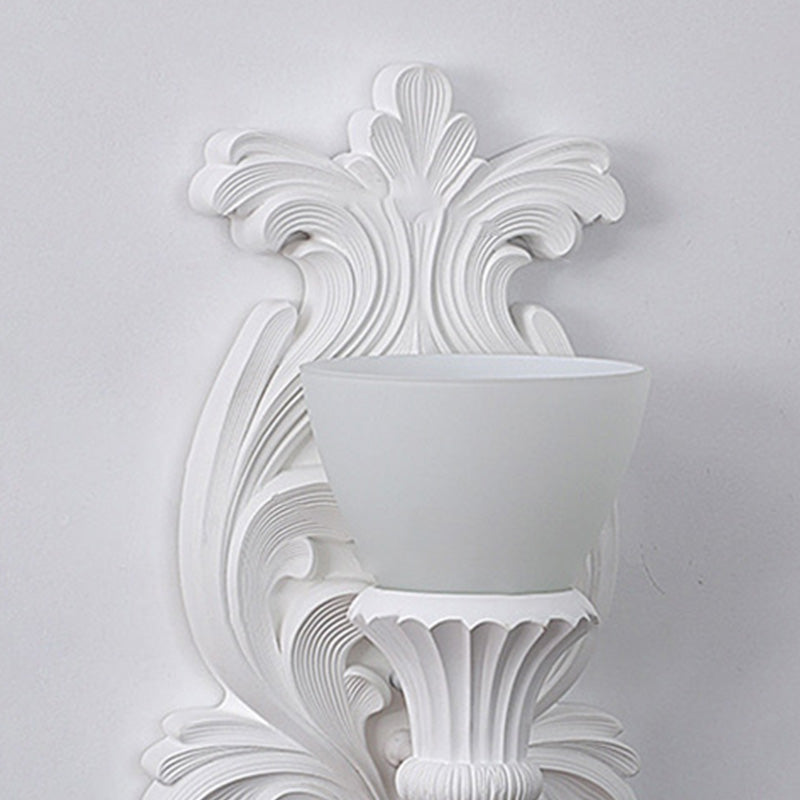 Traditional French Cream Flower Carved Glass Resin 1-Light Wall Sconce Lamp For Living Room