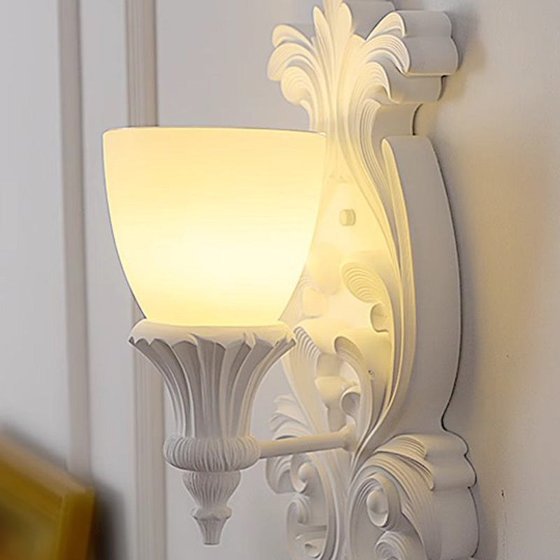 Traditional French Cream Flower Carved Glass Resin 1-Light Wall Sconce Lamp For Living Room