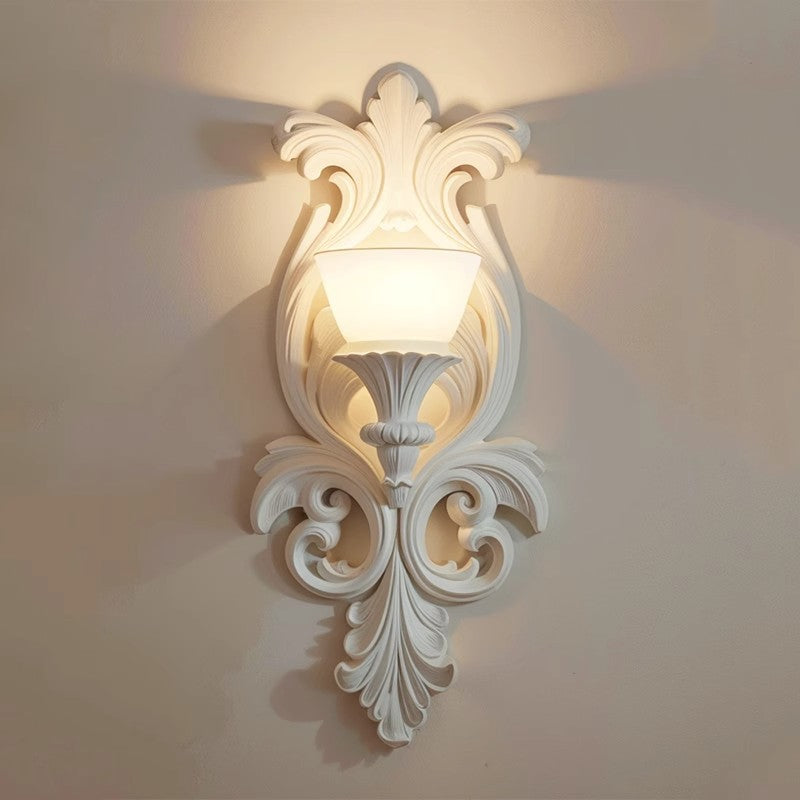 Traditional French Cream Flower Carved Glass Resin 1-Light Wall Sconce Lamp For Living Room