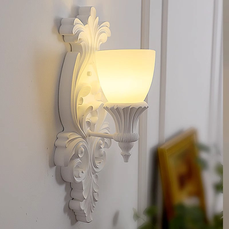 Traditional French Cream Flower Carved Glass Resin 1-Light Wall Sconce Lamp For Living Room