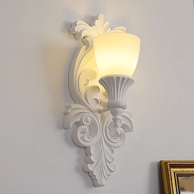 Traditional French Cream Flower Carved Glass Resin 1-Light Wall Sconce Lamp For Living Room