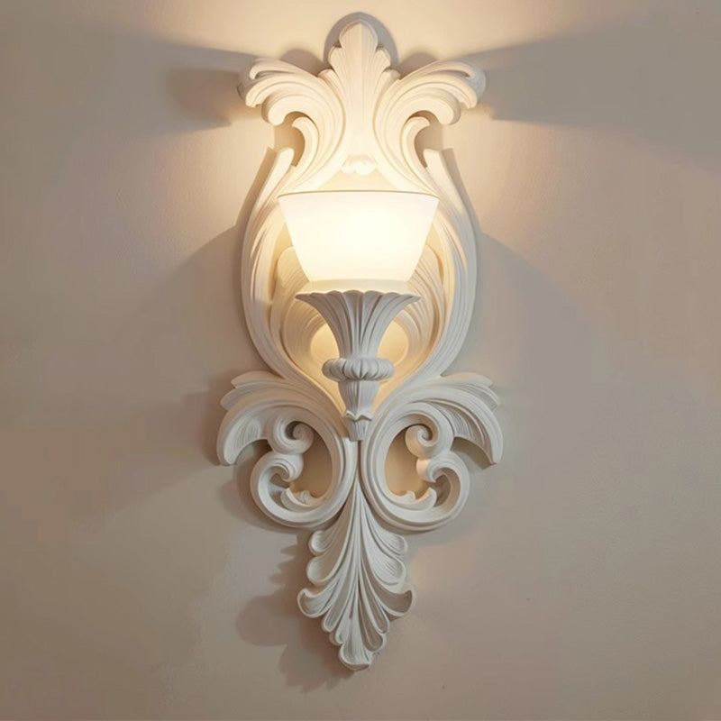 Traditional French Cream Flower Carved Glass Resin 1-Light Wall Sconce Lamp For Living Room