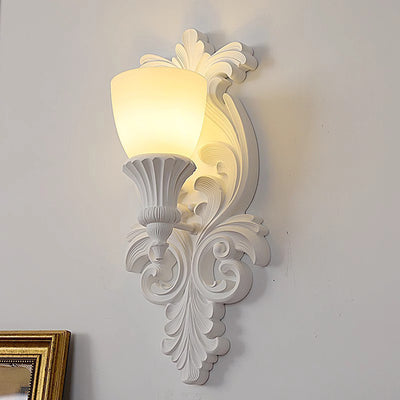 Traditional French Cream Flower Carved Glass Resin 1-Light Wall Sconce Lamp For Living Room