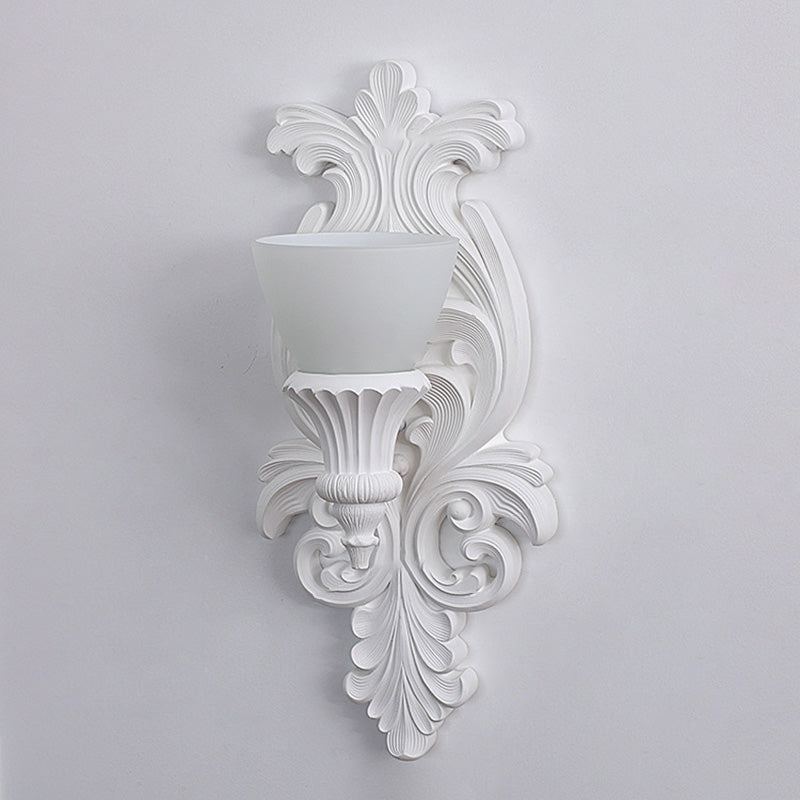 Traditional French Cream Flower Carved Glass Resin 1-Light Wall Sconce Lamp For Living Room