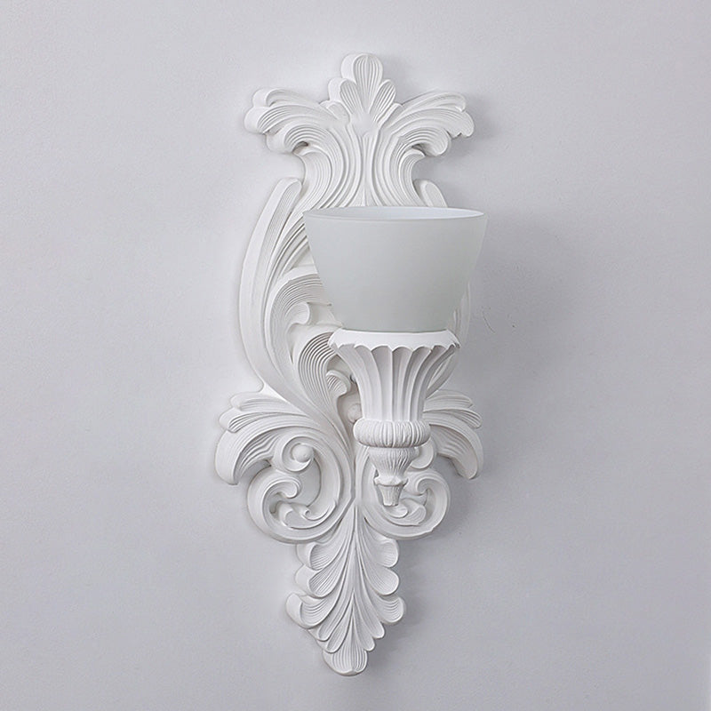 Traditional French Cream Flower Carved Glass Resin 1-Light Wall Sconce Lamp For Living Room