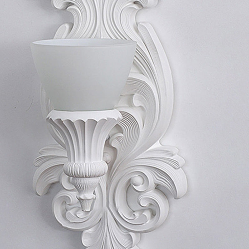 Traditional French Cream Flower Carved Glass Resin 1-Light Wall Sconce Lamp For Living Room