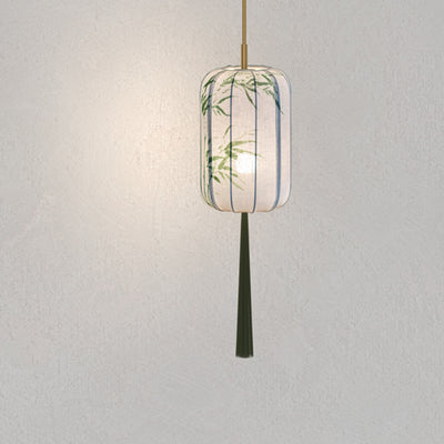 Traditional Chinese Lantern Pine Green Bamboo Lotus Flower Violet Cotton Linen Ash Wood 1-Light Pendant Light For Bedroom