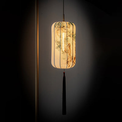 Traditional Chinese Lantern Pine Green Bamboo Lotus Flower Violet Cotton Linen Ash Wood 1-Light Pendant Light For Bedroom