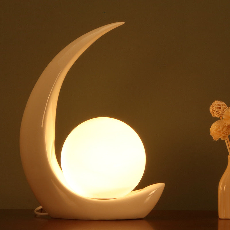 Contemporary Creative Moon Orb Resin Glass 1-Light Table Lamp For Bedroom