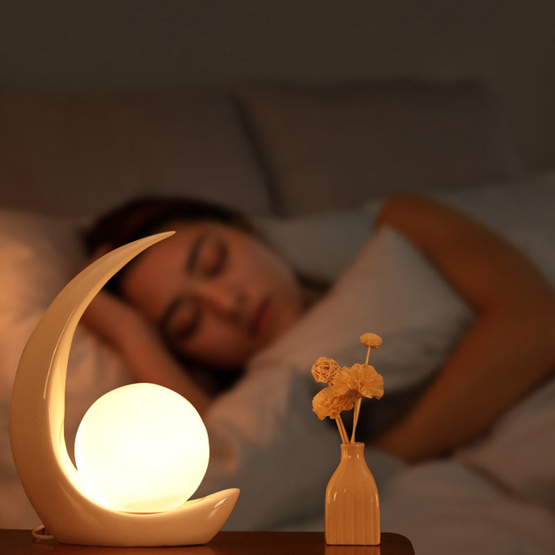 Contemporary Creative Moon Orb Resin Glass 1-Light Table Lamp For Bedroom