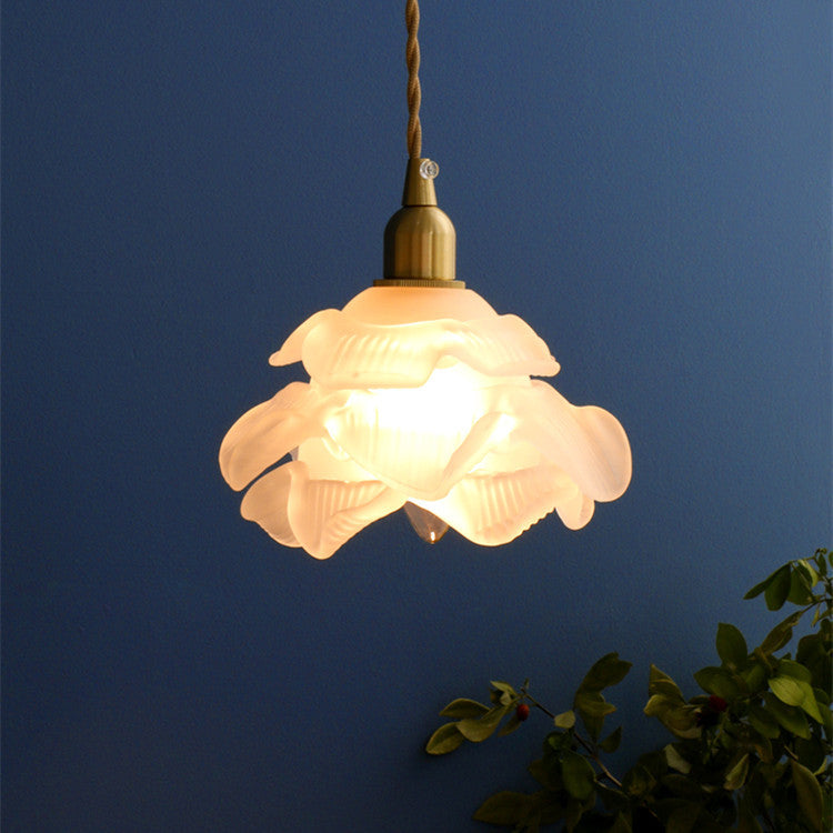 Traditional French Flower Petal Glass Copper 1-Light Pendant Light For Living Room